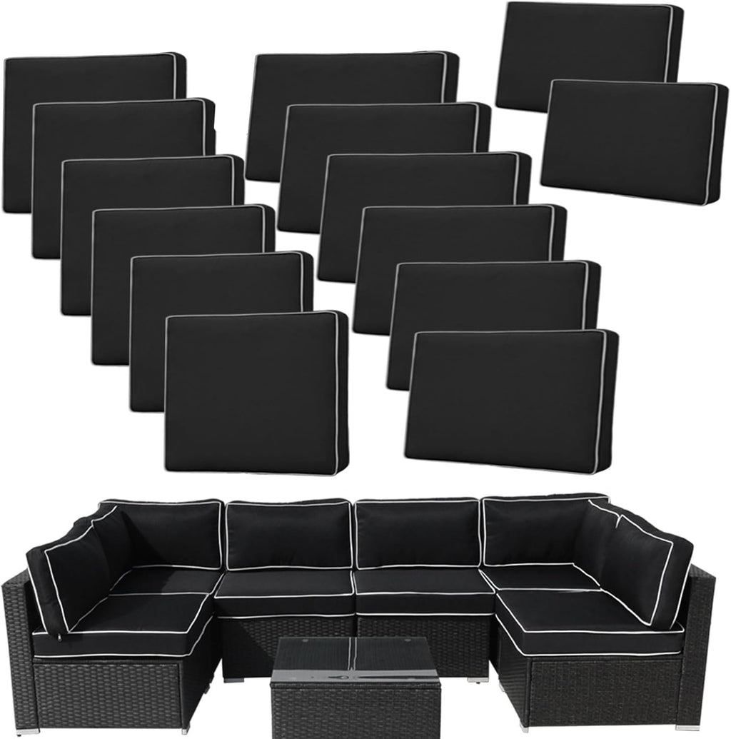 14Pieces Patio Cushion Covers Replacement,Outdoor Couch Cushions Covers Waterproof Furniture Cushion Covers Slipcovers Set with Zippers,Cover Only(Black+White, 25.6×25.6×3.94inches)