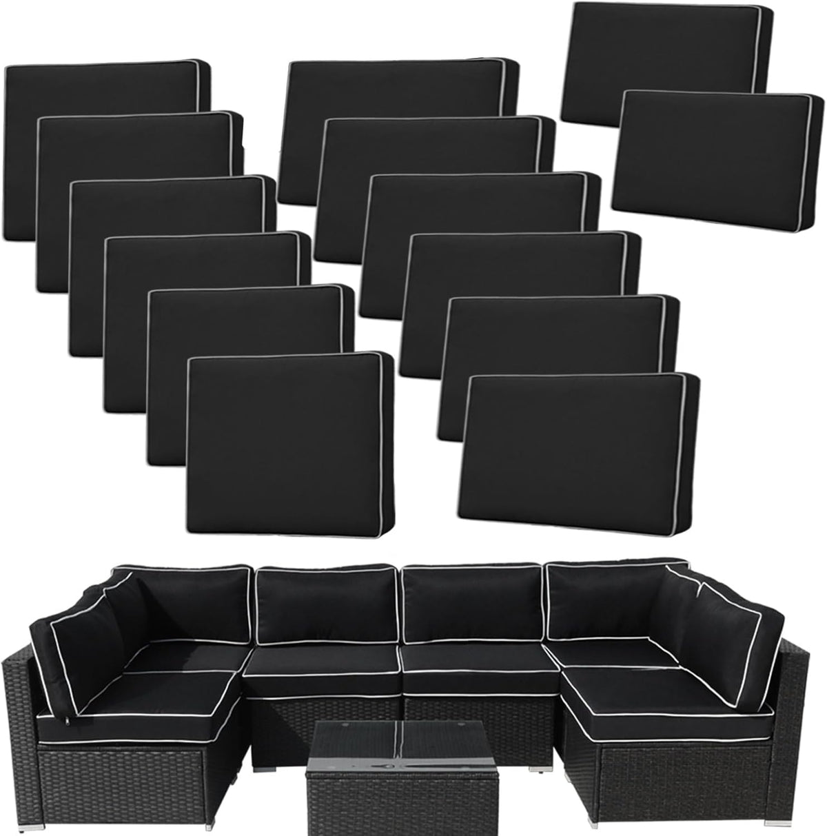 14Pieces Patio Cushion Covers Replacement,Outdoor Couch Cushions Covers Waterproof Furniture Cushion Covers Slipcovers Set with Zippers,Cover Only(Black+White, 25.6×25.6×3.94inches)