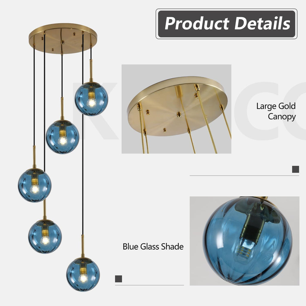 kco modern 5-light blue ribbed glass globe cluster, side view