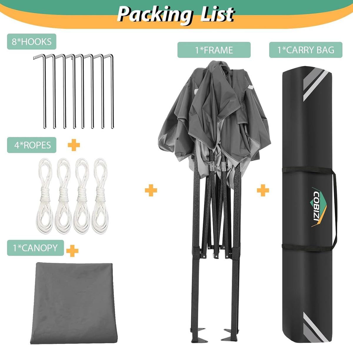 cobizi 6.6x6.6 heavy duty pop up canopy tent, package contents