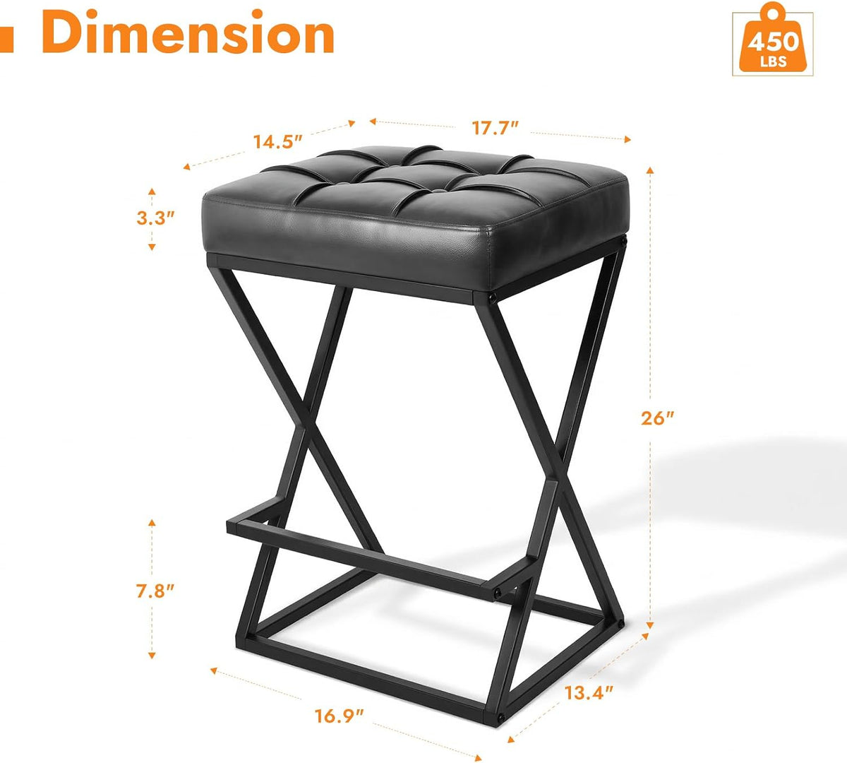 Bar Stools Set of 2, 26 Inch Counter Height Stool Faux Leather Black