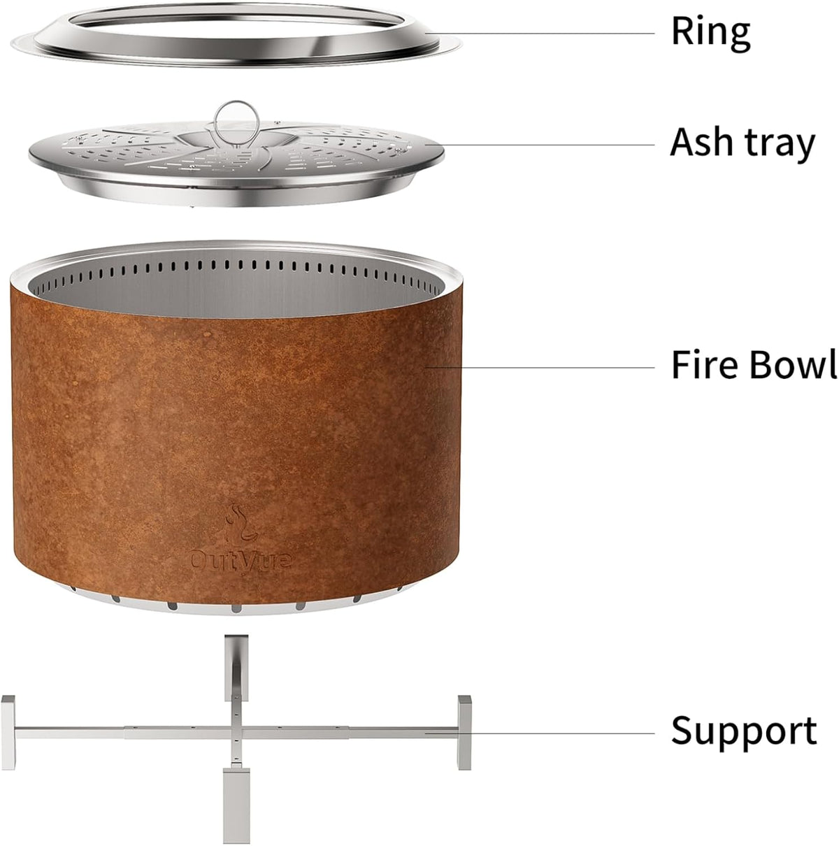 outvue 27 inch stainless steel smokeless fire pit showing dimensions