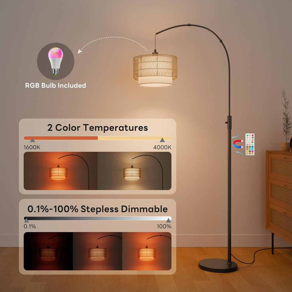 Boho Rattan Arc Floor Lamp, 71" RGB Color Changing, 3-in-1 Shade
