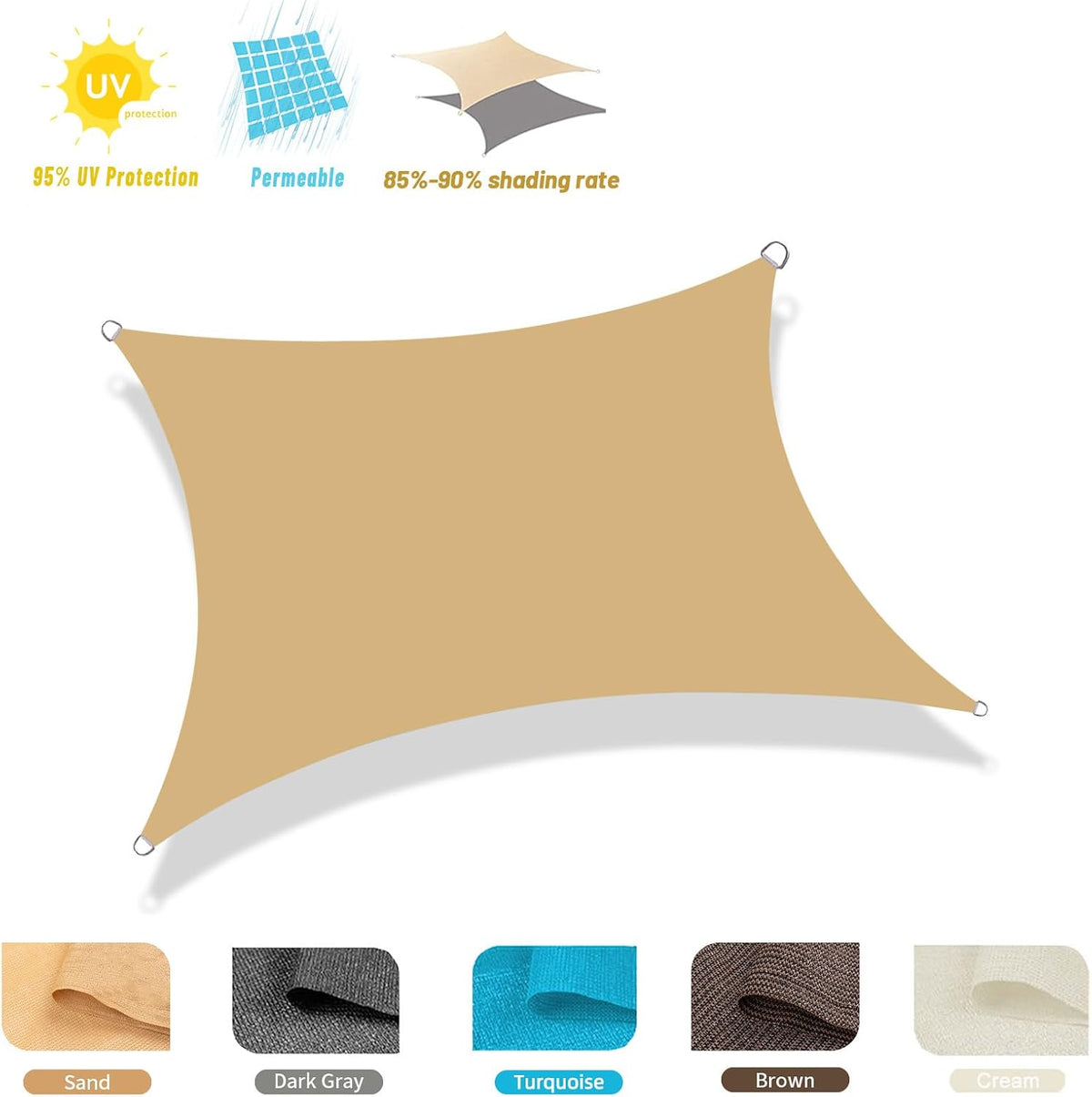 COOLBOYS 16'x 20' Sun Shade Sail Sand Rectangle UV Block Outdoor Shade Canopy Sunshade for Patio Lawn Garden Carport Backyard Deck Pergola