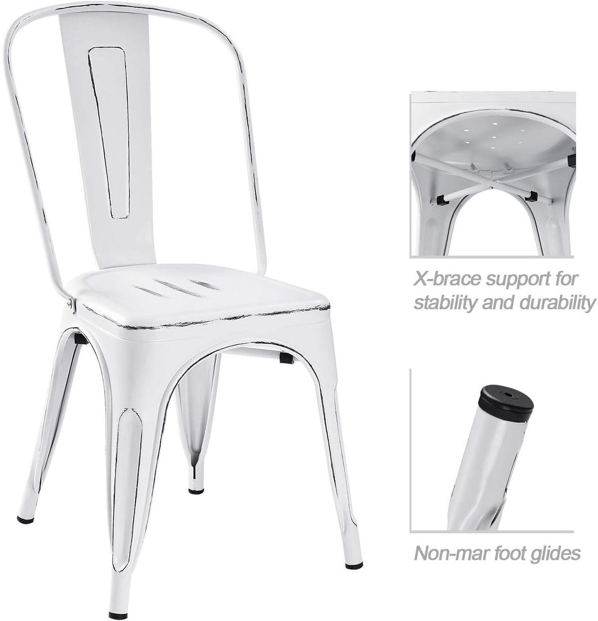 Devoko Metal Indoor-Outdoor Chairs Distressed Style Kitchen Dining Chairs Stackable Side Chair with Back Set of 4 (White)