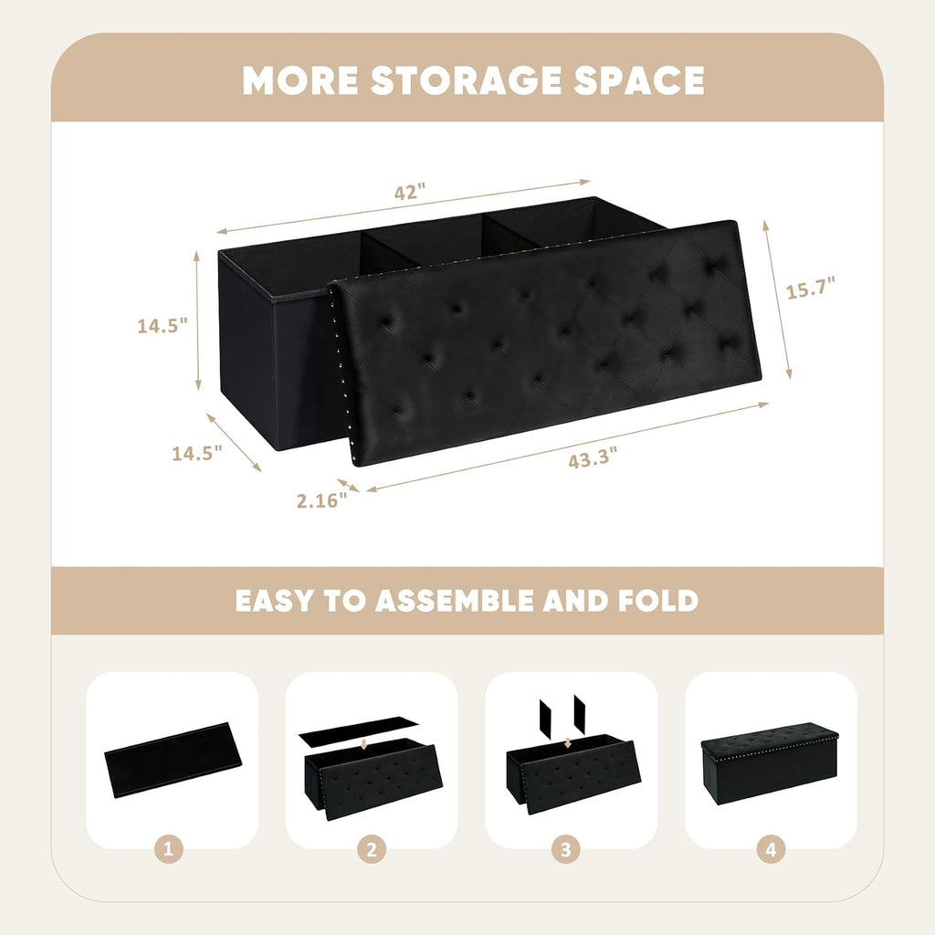 PINPLUS Folding Storage Ottoman Bench, Black Velvet