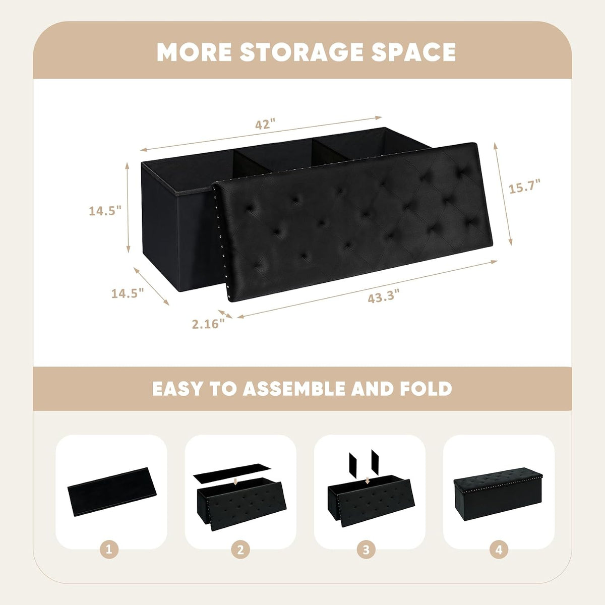 PINPLUS Folding Storage Ottoman Bench, Black Velvet