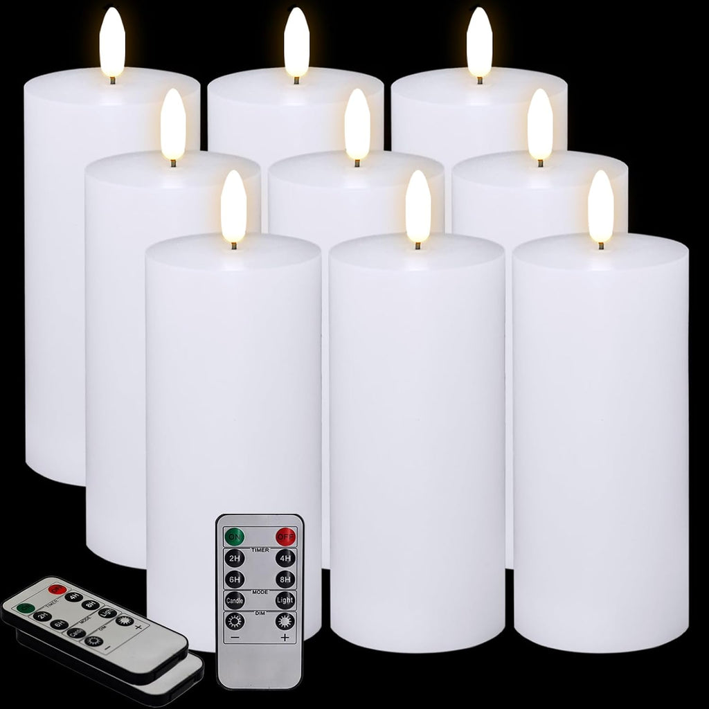 Oleitodh 9 Pcs White Flameless Candles Flat Top LED Candles with Remote Timer, Pillar Flameless Candle Bulk Flickering Battery Operated Candle for Wedding Festival Outdoor Home Decor D 3'' H 6''