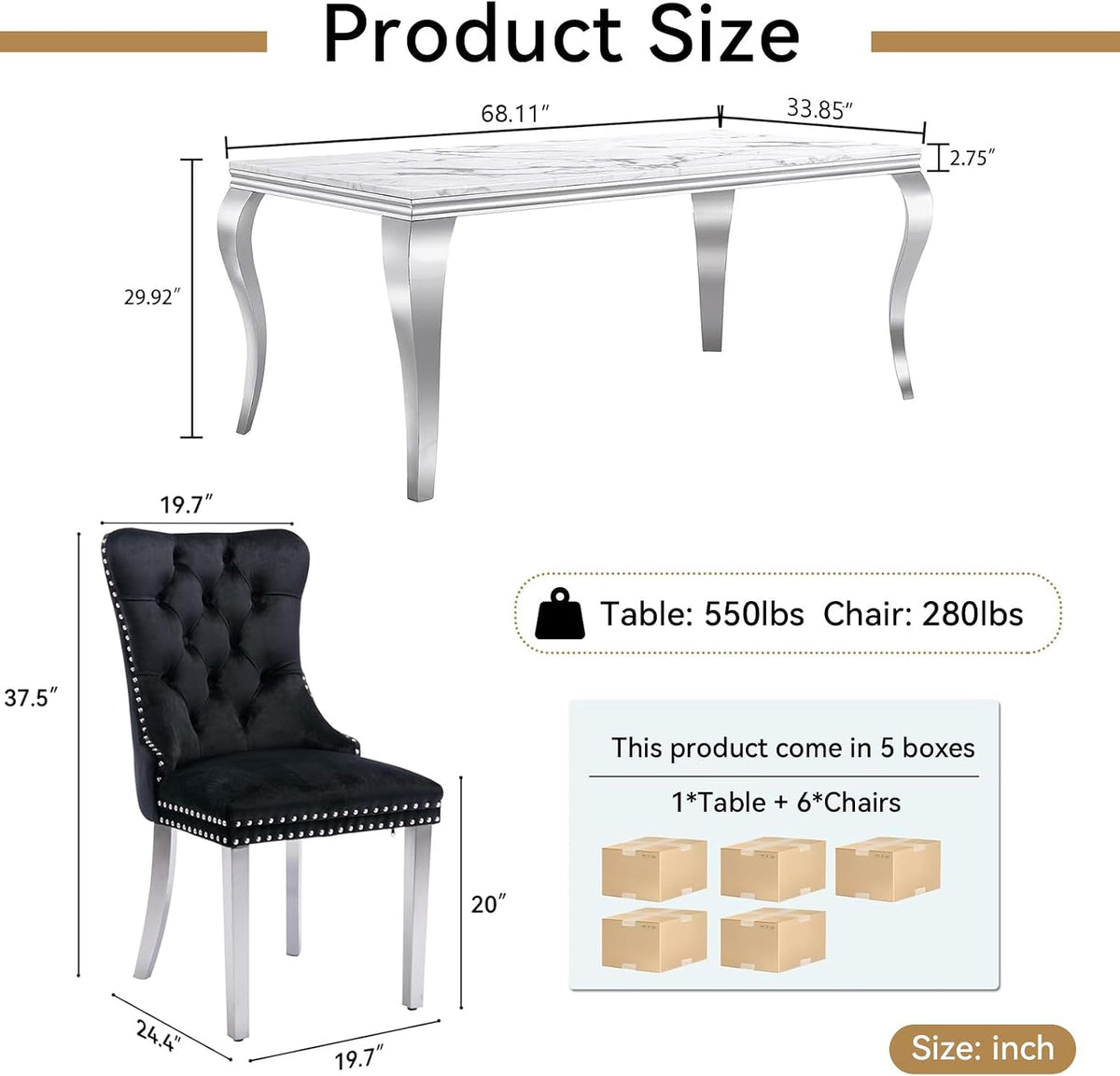 Henf 7 Piece Marble Dining Table Set for 6, 68" Modern Kitchen Dining Room Table and Black Chairs Set for 6, White Silver Dinner Table Set for 6 with Mirrored Stainless Steel Legs for Dining Kitchen