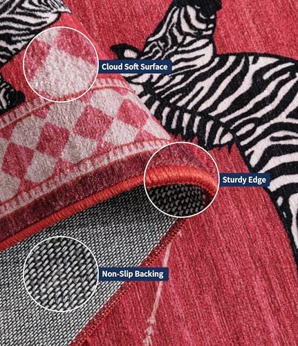 YIHOUSE Red Zebra Area Rugs 6×9, Washable Animal Print Rug with Checkered Border, Non-Slip Low Pile Mid-Century Modern Carpet for Living Room, Bedroom, Dining Room, Home Decor