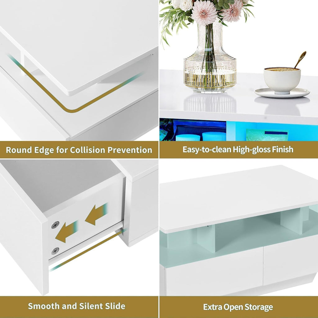 DWVO LED Coffee Table with Storage 4 Drawers, Modern High Glossy Coffee Tables for Living Room, White Rectangle Coffee Table Small Center Table with Open Display Shelf & Sliding Drawers, White