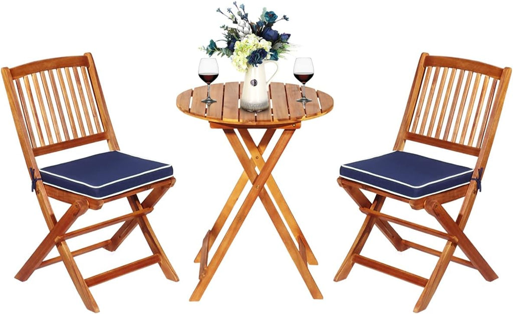 ORALNER 3-Piece Acacia Wood Folding Patio Bistro Set, Small Outdoor Balcony Furniture, Round Coffee Table and 2 Chairs with Soft Cushions, Teak Table Set for Porch, Backyard, Deck (Navy Blue)