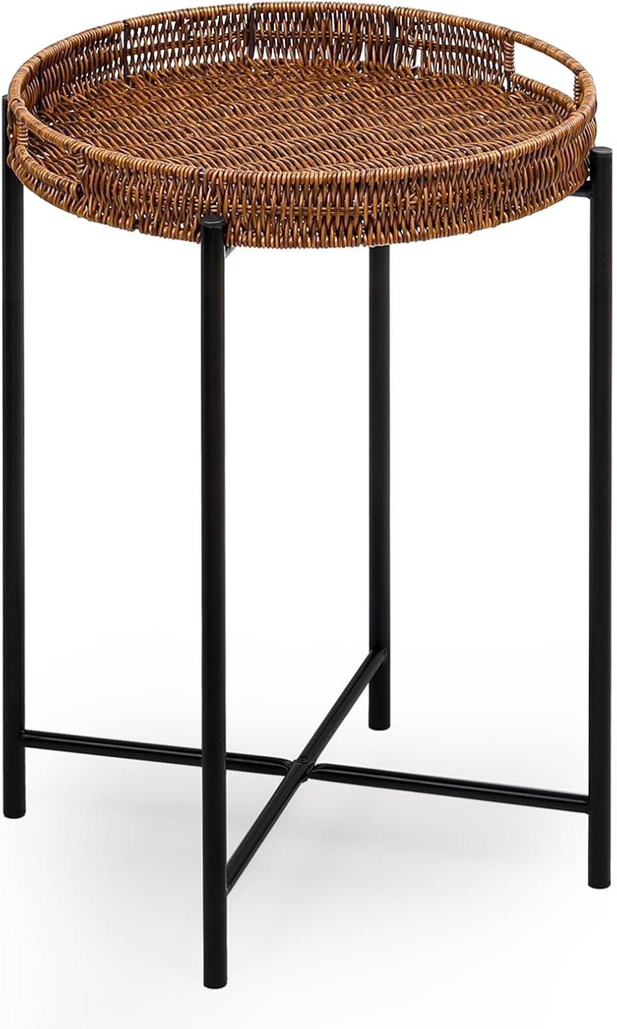 DINGTAI Small Wicker Round End Table, 16.5 in Rattan End Tables with Removable Tray, Waterproof Sofa Coffee Side Table, Indoor Outdoor Side Tables for Patio, Living Room Bedroom Office