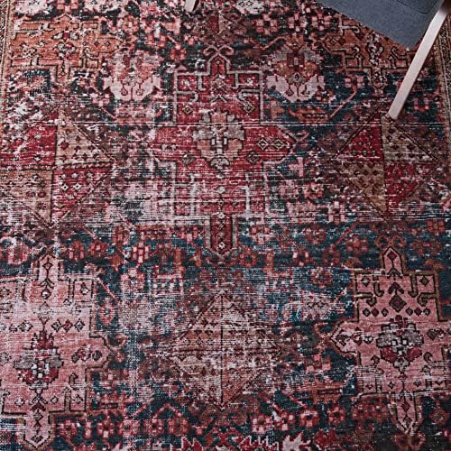 SAFAVIEH Washable Rug Tucson Collection - 8' x 10', Rust & Green, Slip Resistant & Easy to Clean, Ideal for Living Room, Bedroom, Dining Space (TSN114P)