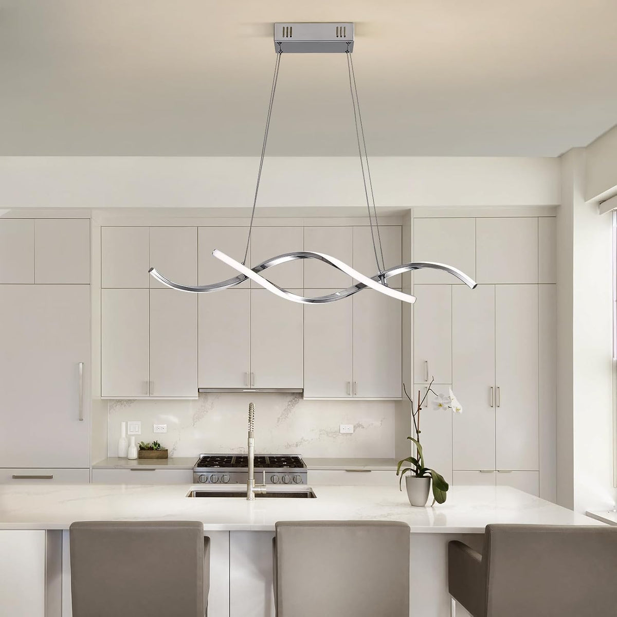NOXARTE Modern LED Chandelier Dimmable Hanging Ceiling Light, Silver Pendant Light Fixture with Remote Control for Dining Room Kitchen Island Office Over Table 35.4 Inch