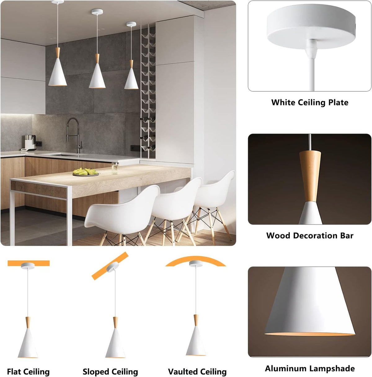 kco 3 pack farmhouse white conical metal pendant, close-up detail