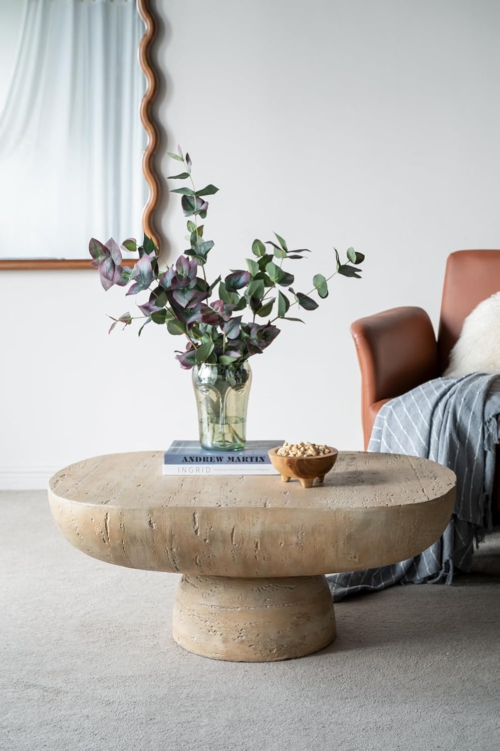WILLIAMSPACE 36" Oval Coffee Table, Modern Faux Stone Circle Center Table Accent Travertine Tea Table for Living Room, Magnesium Oxide, Cream