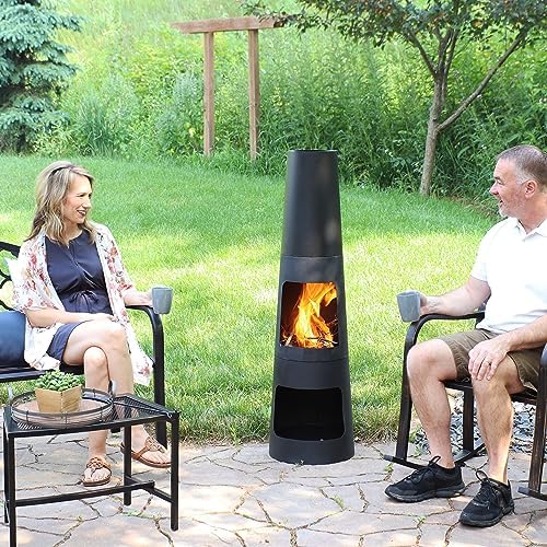 Sunnydaze Chiminea Outdoor Fireplace - Chiminea Fire Pit with Poker and Cover - Outdoor Wood-Burning Fire Pit - Black