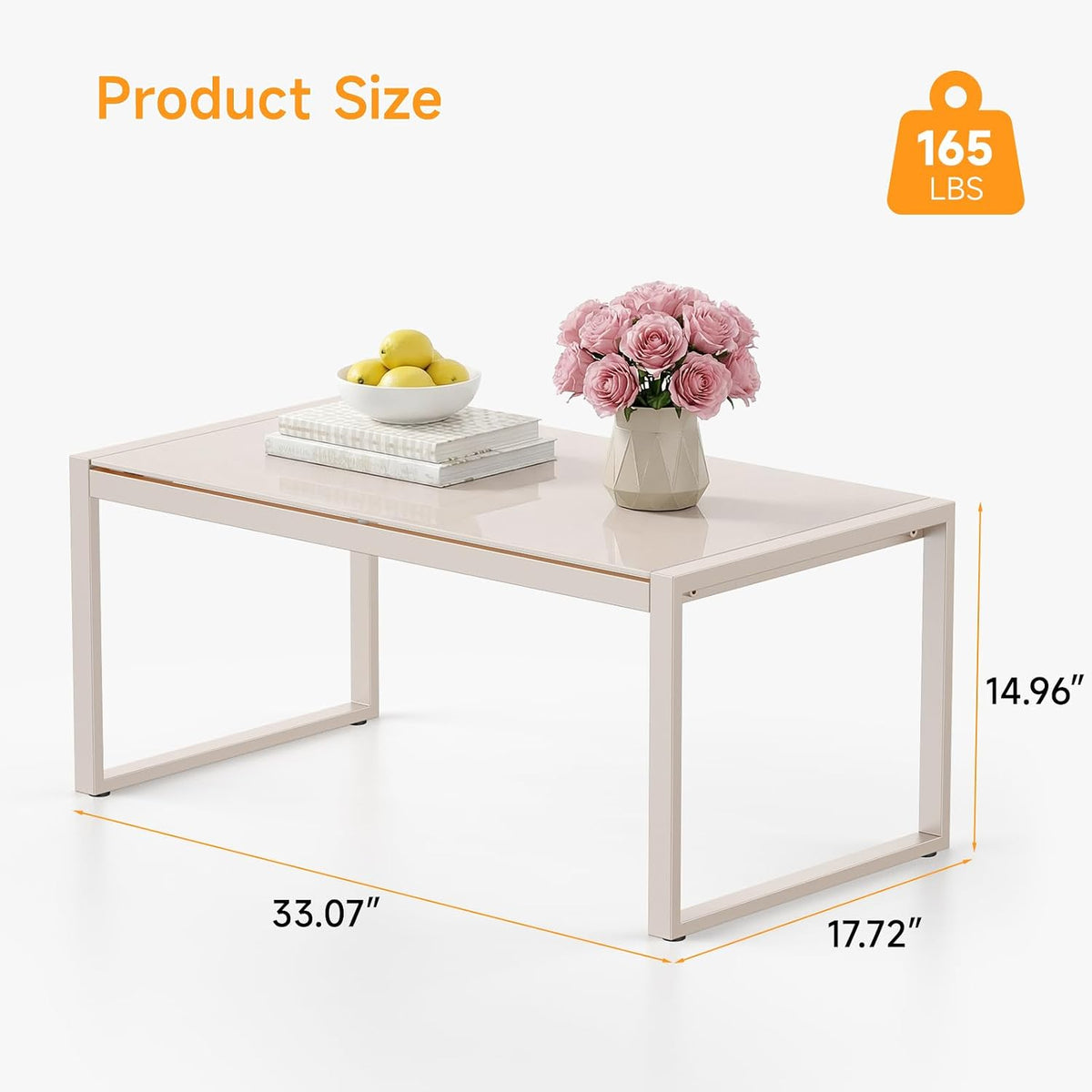 ONBRILL Rectangle Coffee Table with Tempered Glass Desktop, Sand