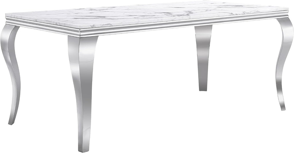 Henf 7 Piece Marble Dining Table Set for 6, 68" Modern Kitchen Dining Room Table and Black Chairs Set for 6, White Silver Dinner Table Set for 6 with Mirrored Stainless Steel Legs for Dining Kitchen