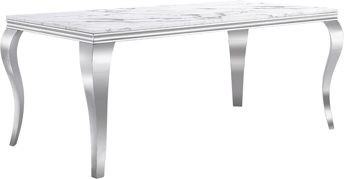 Henf 7 Piece Marble Dining Table Set for 6, 68" Modern Kitchen Dining Room Table and Black Chairs Set for 6, White Silver Dinner Table Set for 6 with Mirrored Stainless Steel Legs for Dining Kitchen