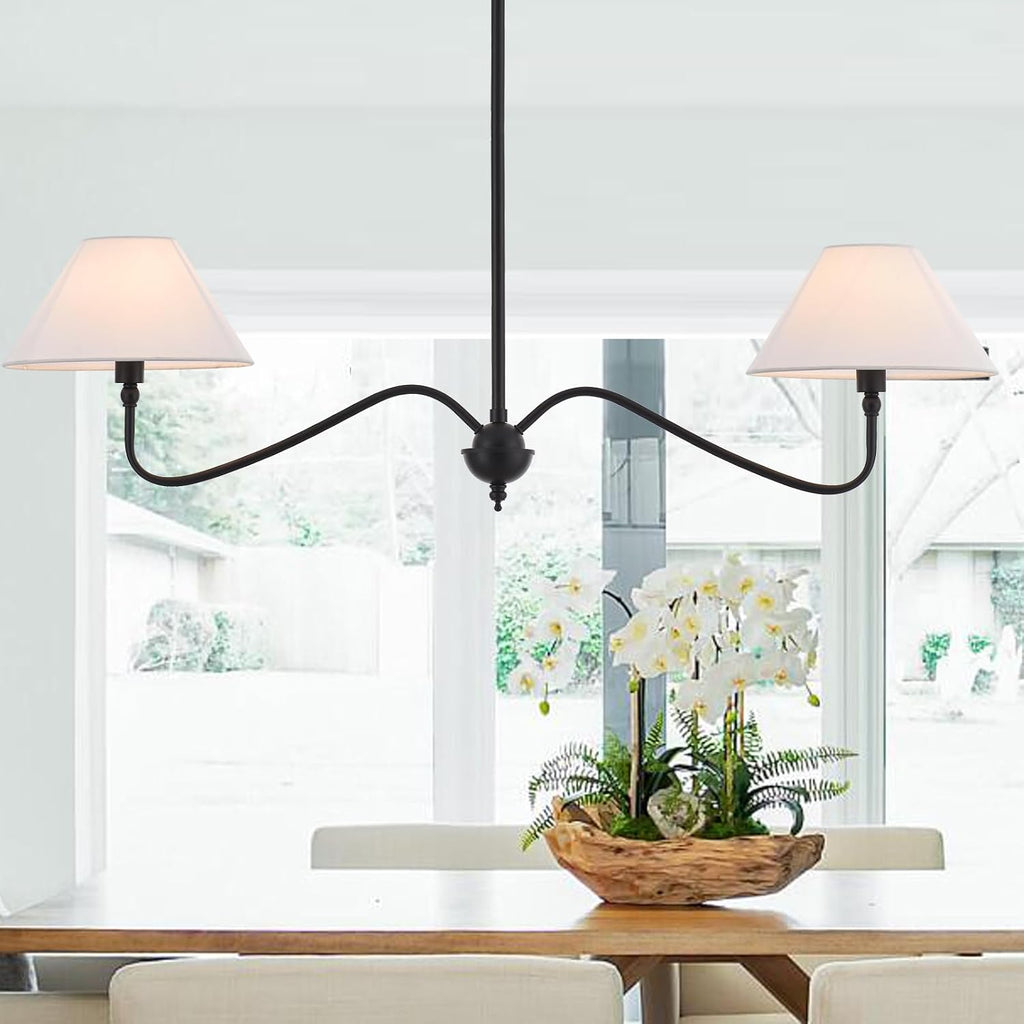 Modern Linear Chandelier for Kitchen Island, 2-Light Linear Light Fixture with Off-White Fabric Shade, Rustic Pendant Light for Dining Room