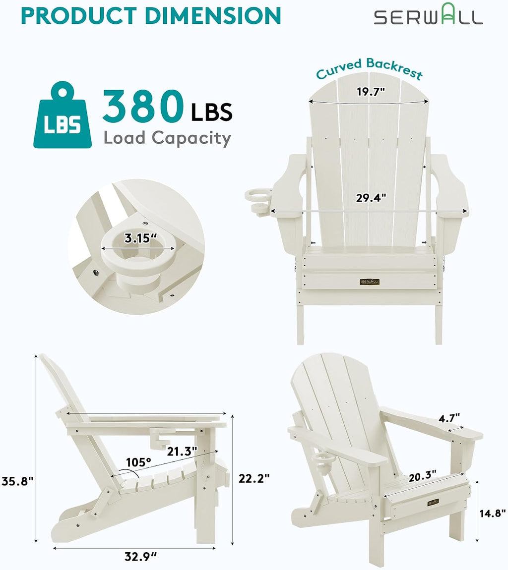 SERWALL Folding Adirondack Chair Set of 2 with Cup Holder, Fire Pit - White