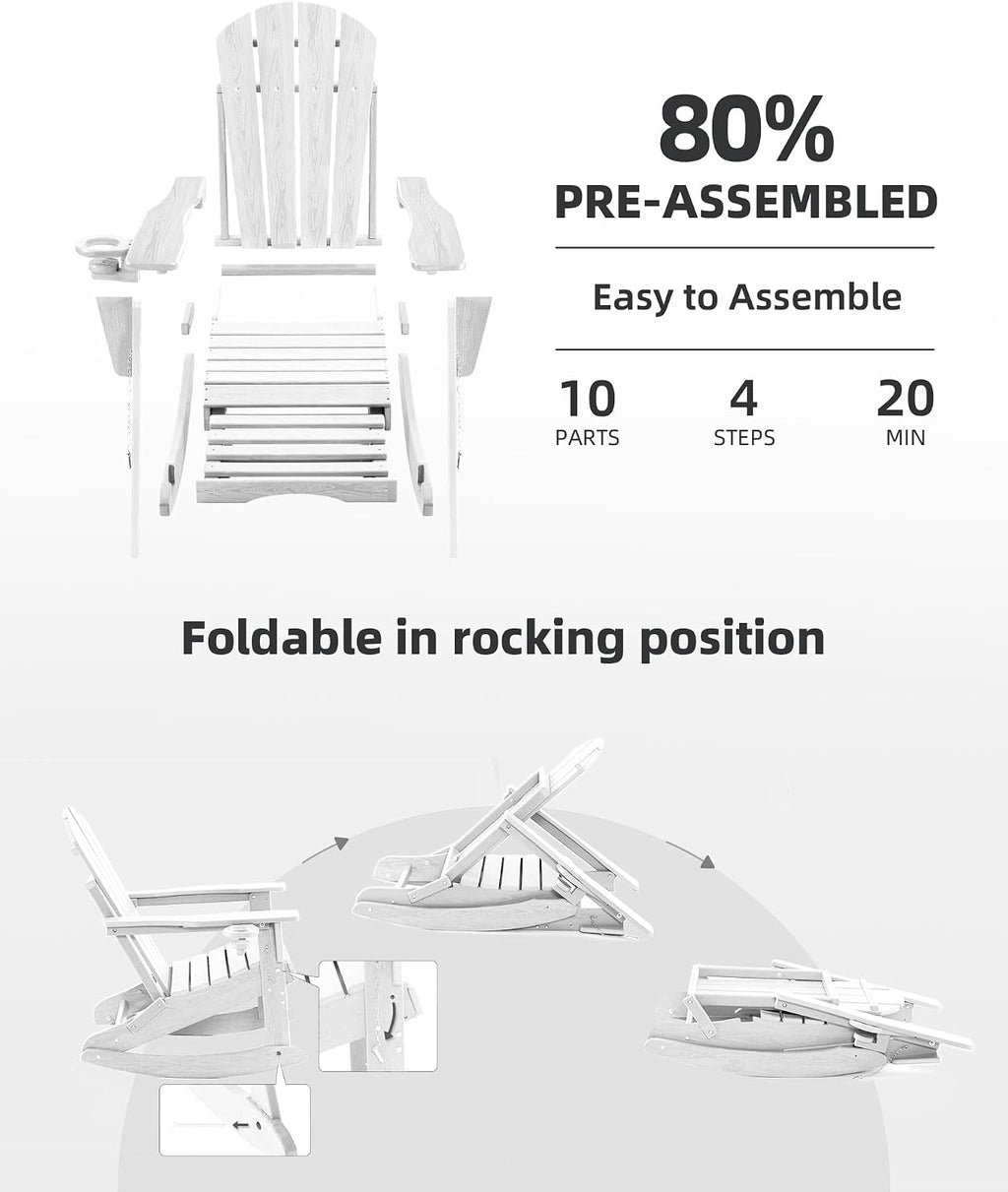 Folding Adirondack Rocking Chair Set of 2,4-in-1 Multifunctional Patio Chairs with Retractable Ottoman, Outdoor Chairs Wood Texture, Lawn Chair for Porch, Backyard, Pool(White)