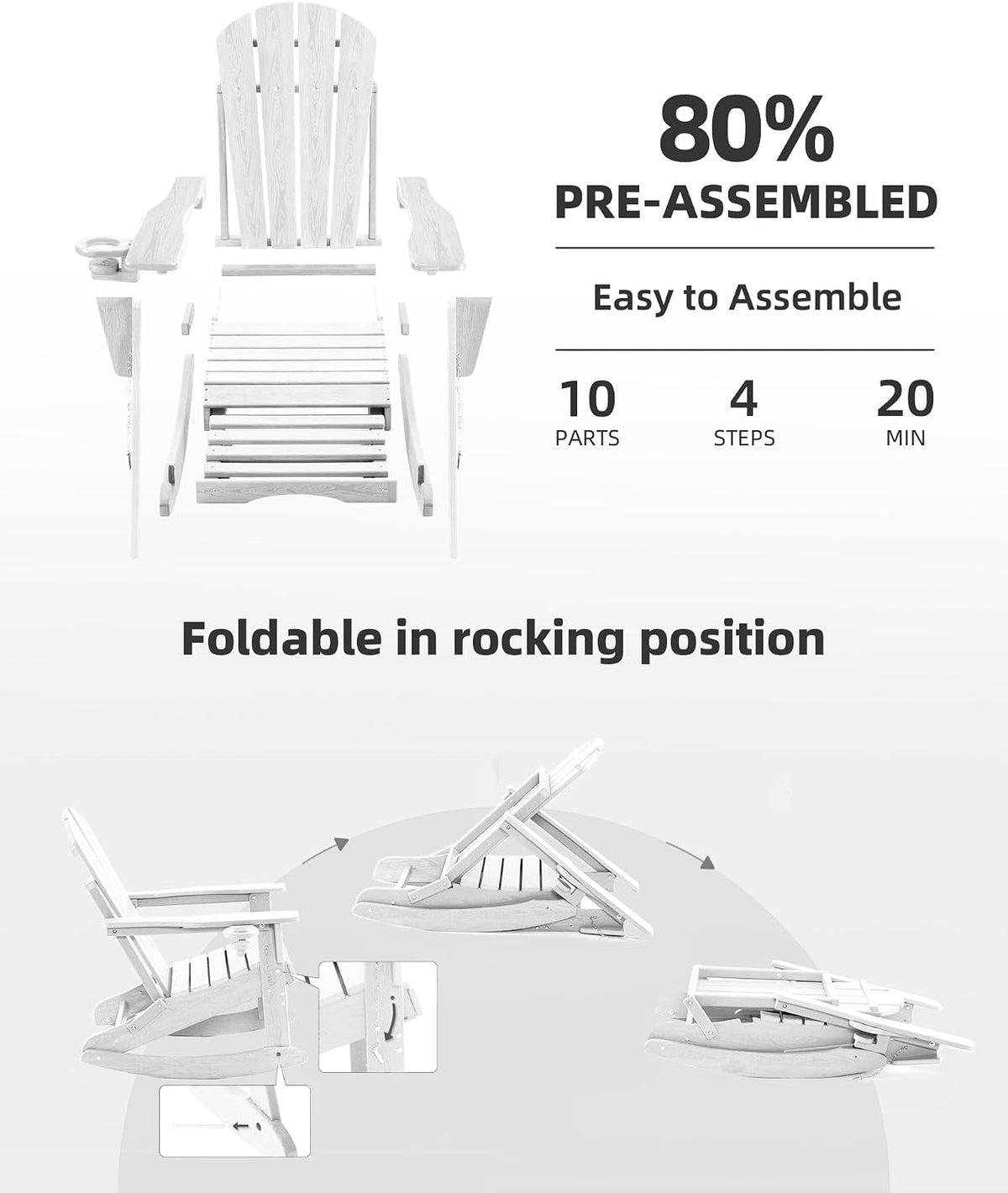 Folding Adirondack Rocking Chair Set of 2,4-in-1 Multifunctional Patio Chairs with Retractable Ottoman, Outdoor Chairs Wood Texture, Lawn Chair for Porch, Backyard, Pool(White)