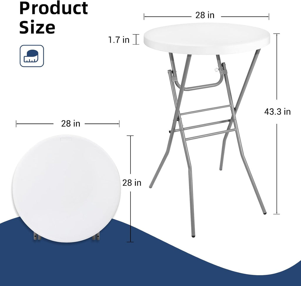 Byliable 28in Cocktail Folding Table, Round High Top Bar Height White Table