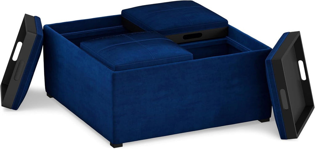 SIMPLIHOME Avalon 35" Wide Velvet Square Storage Ottoman in Blue
