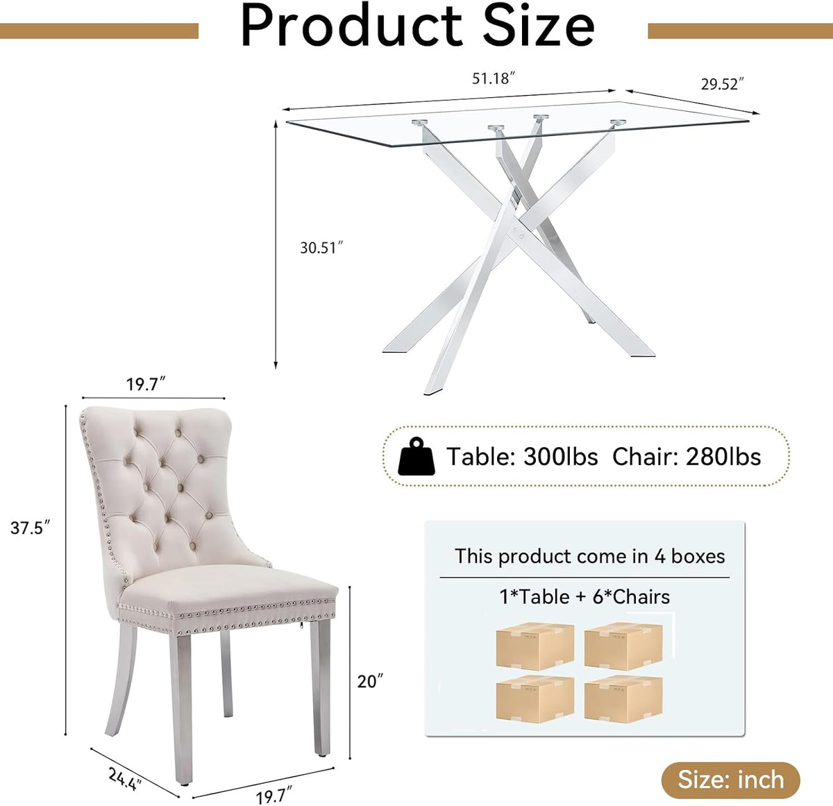HomVent 52'' Rectangular Glass Dining Table Set for 6 for Family Gathering