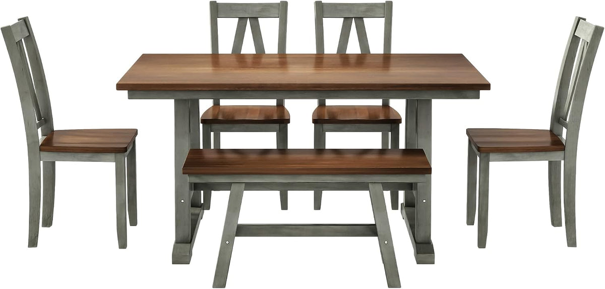Harper & Bright Designs 6-Piece Dining Set, Farmhouse Style Wood Dining Table and 4 Dining Chairs & Long Bench, Kitchen Table Set, Walnut+Gray