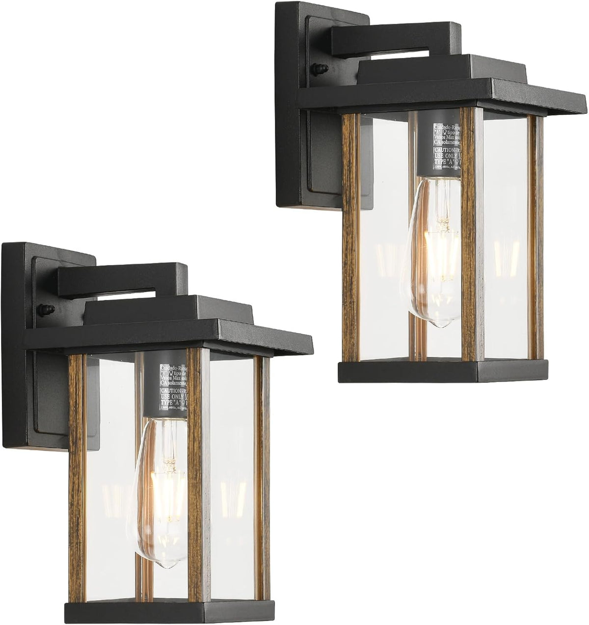 2 Pack Outdoor Wall Sconce Outside Porch Light in Wood Grain & Black