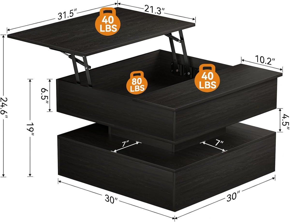 FABATO 31.5” Square Lift Top Coffee Table Hidden Storage, Black