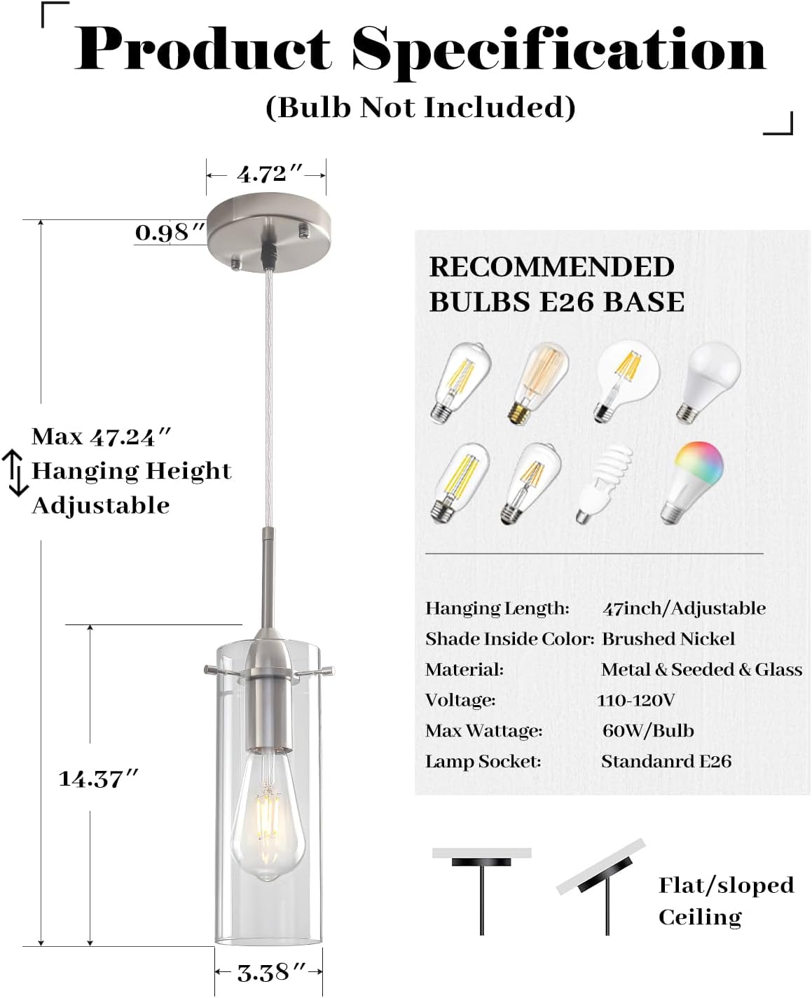 Glass Pendant Lights Kitchen Island 2 Packs, Brushed Nickel Pendant Light, Modern Clear Glass Pendant Light Fixture, Hanging Pendant Lights for Kitchen Island Dining Room Hallway