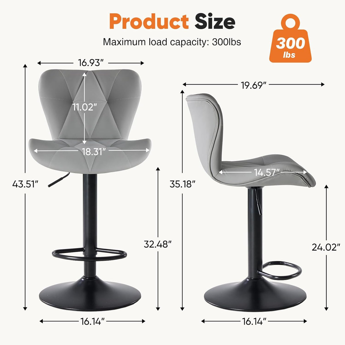 Sweetcrispy Bar Stools Set of 2, Faux Leather Swivel Adjustable Bar Chairs