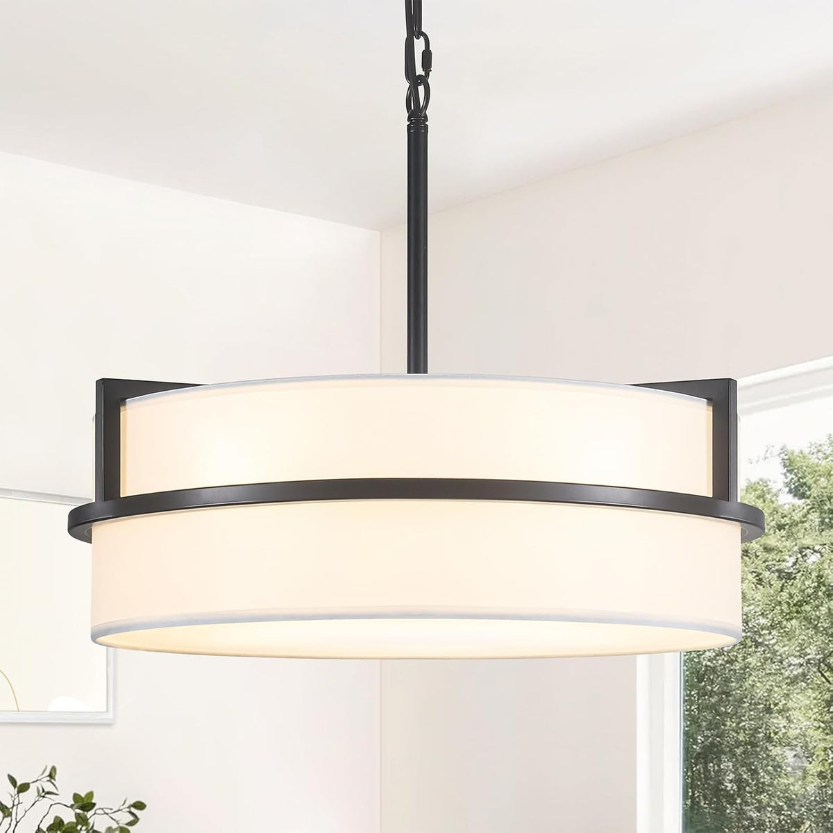 19.7" Black Drum Chandelier, Drum Pendant Light with White Linen Shade