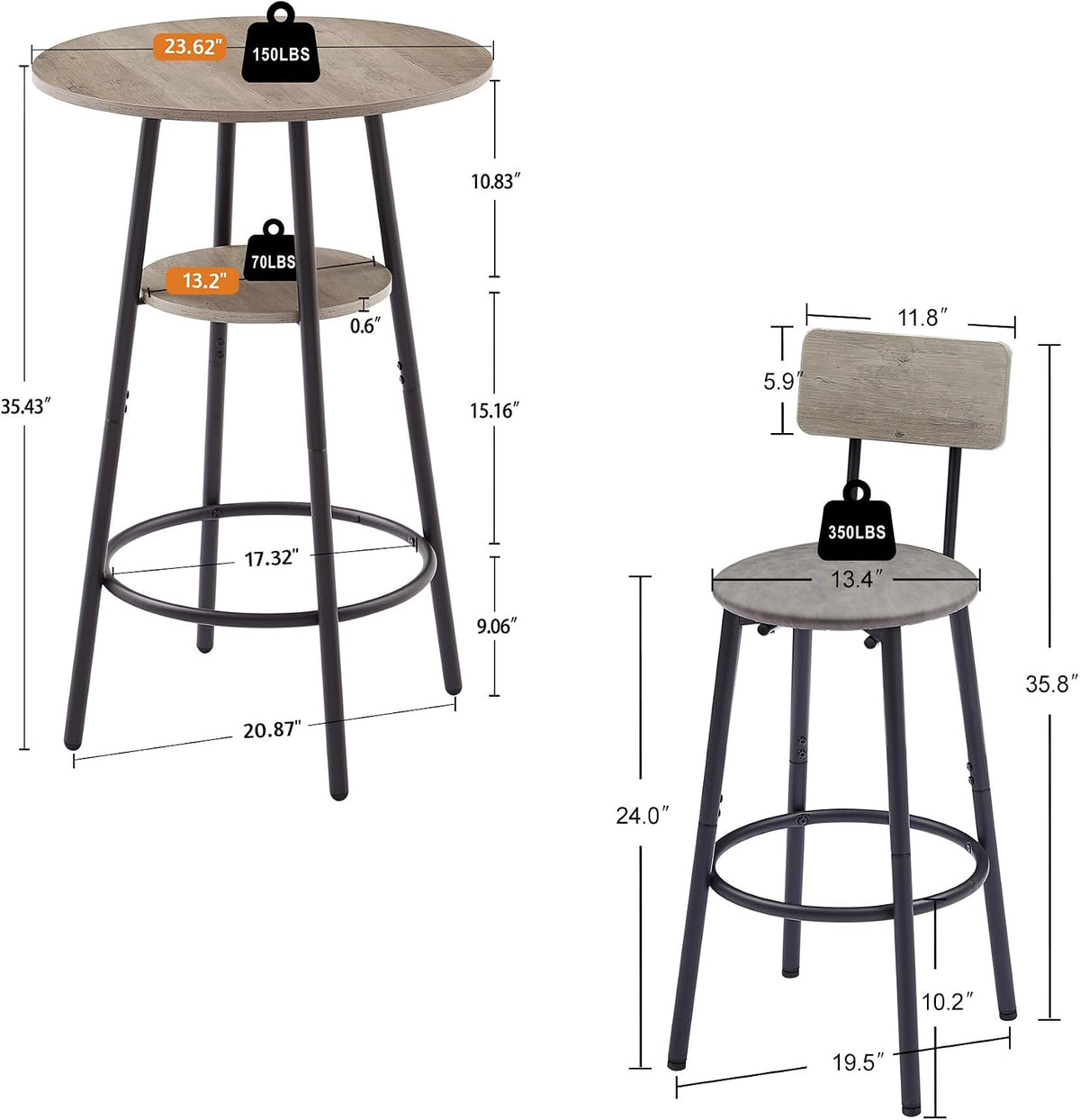 3 Piece Round Bar Table Set with Storage Shelf, Bistro Pub Counter Height Table and 2 Upholstered High Stools, Industrial Kitchen Breakfast Nook for Dining Room, Small Space, Gray