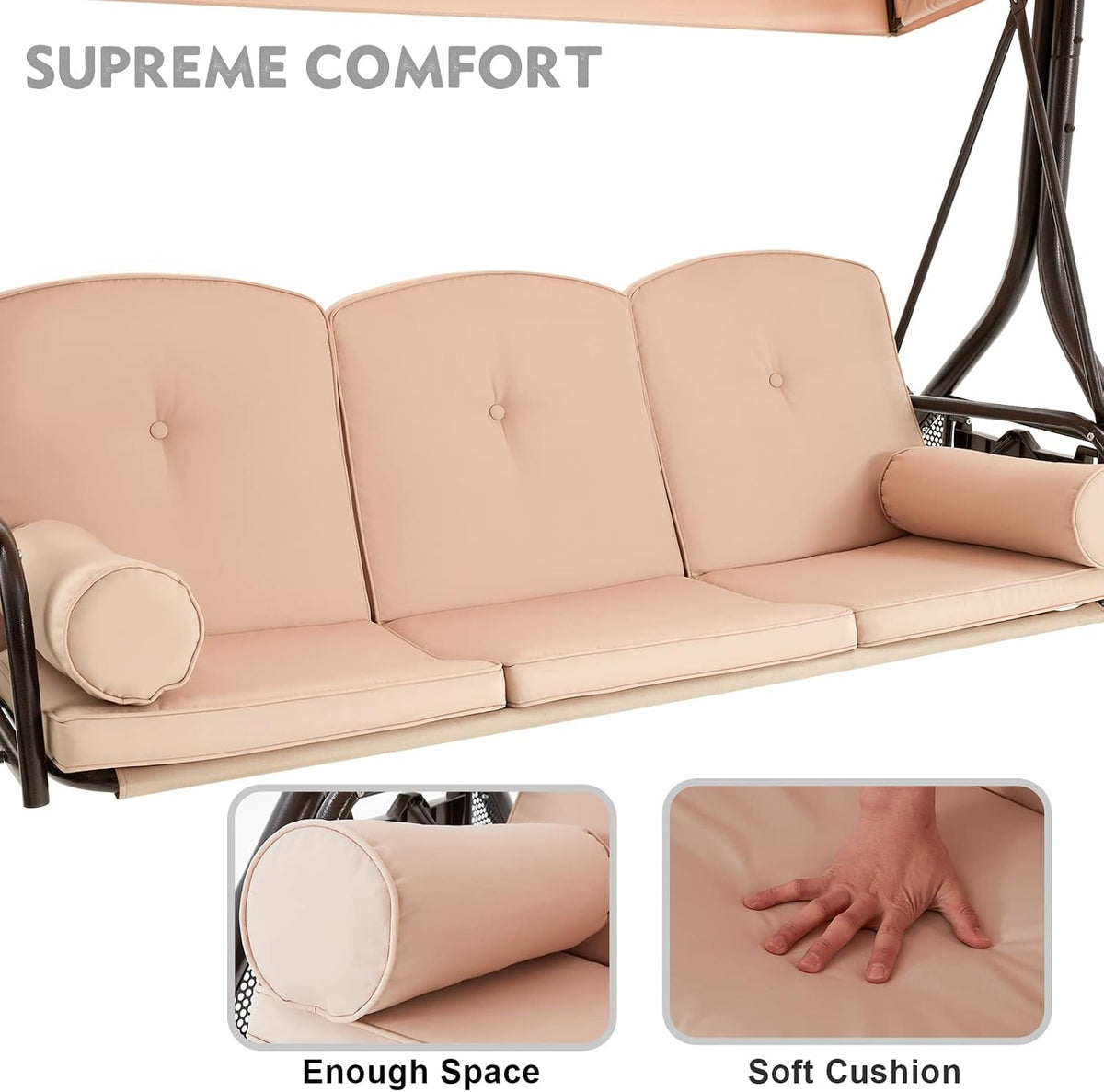 HOMREST 3 Seat Porch Swing with Adjustable Canopy, Patio Swing with Stand