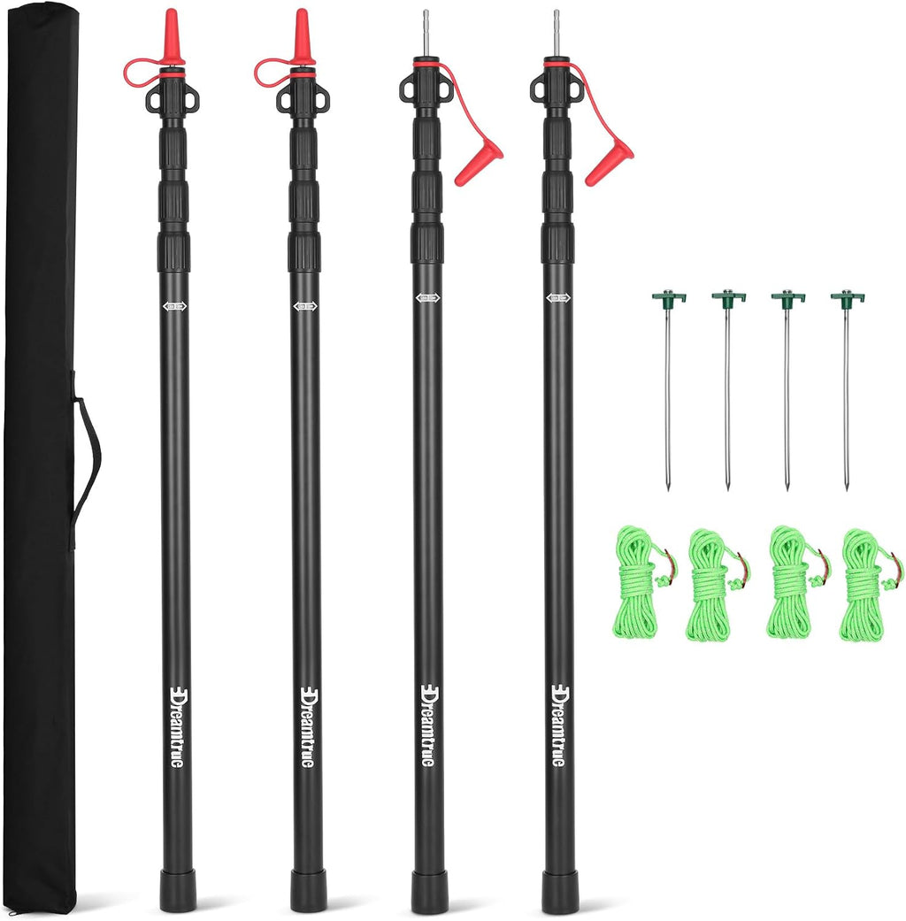 Dreamtrue Tarp Poles Telescoping, Upgraded 4-Section Adjustable Tent Poles, Heavy Duty Aluminum 8.7Ft Length Shade Sail Poles, Canopy Awning Support Poles Set Sun Shade Cloth Poles(Black-4pcs)