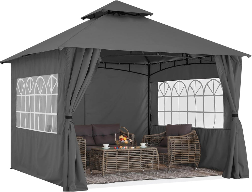 MASTERCANOPY 10x12 ft Patio Gazebo with Windows Curtains, Dark Gray