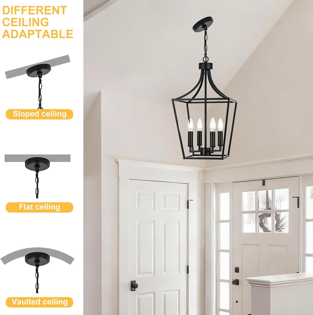 4-light farmhouse lantern chandelier, black pendant light fixture, package contents
