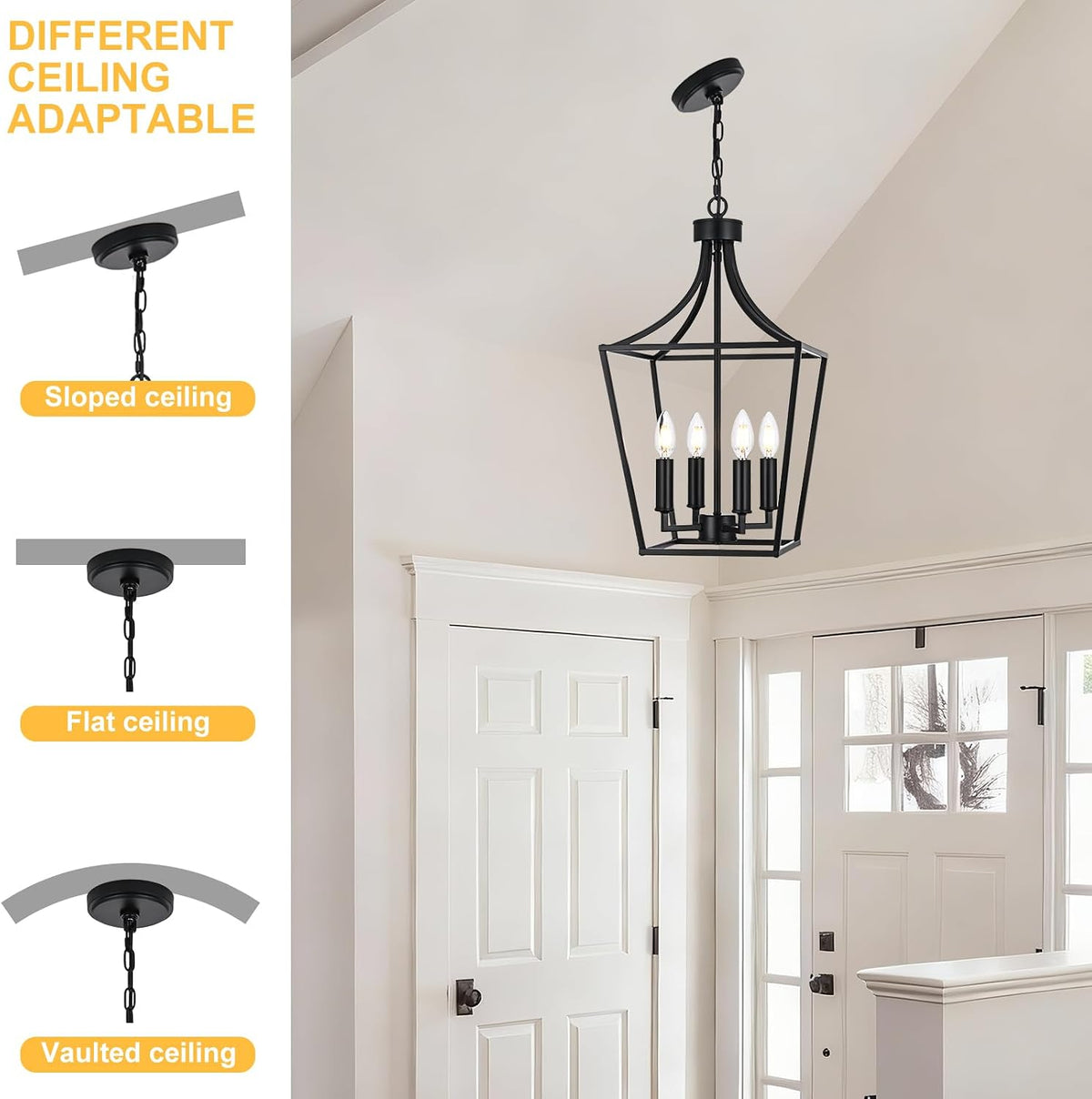 4-light farmhouse lantern chandelier, black pendant light fixture, package contents
