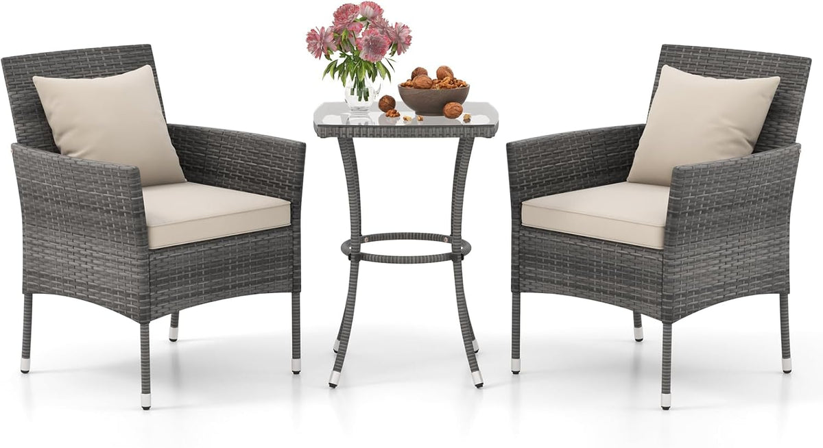 DORTALA Wicker Patio Furniture Set 3 Piece, Small Outdoor Table & Chairs with Tempered Glass Tabletop, Cushions, Rattan Conversation Bistro Set for Balcony, Porch, Backyard, Deck, Mix Gray+Off White