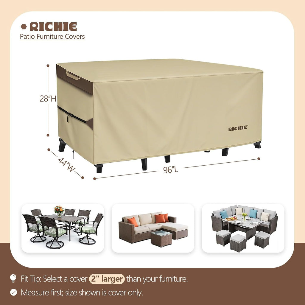 RICHIE Outdoor Patio Furniture Cover - Heavy Duty Waterproof 600D Tough Canvas Protector for Rectangular Table Cover, All-Season Dining Table and Chair Covers (96L x 44W x 28H Inch)