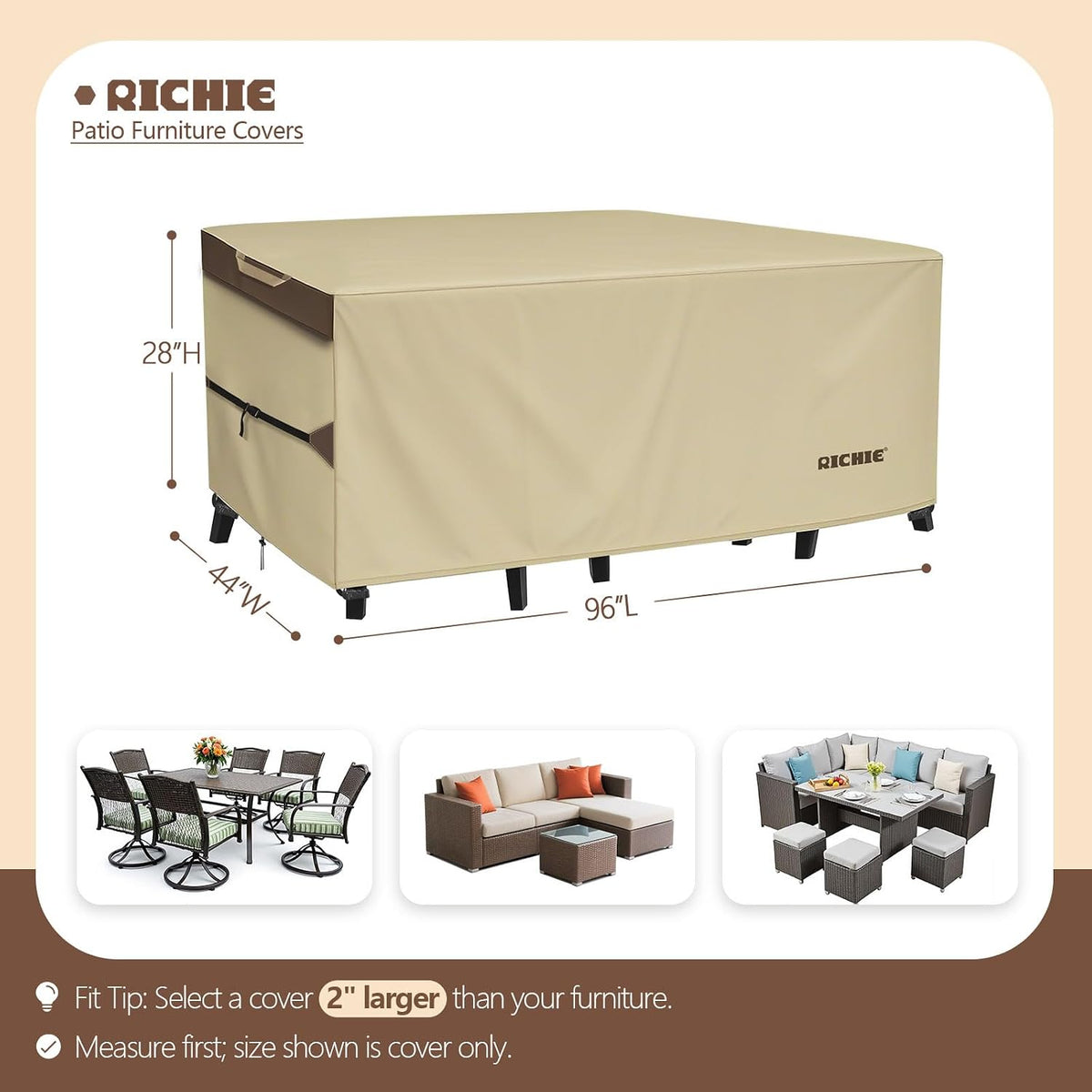 RICHIE Outdoor Patio Furniture Cover - Heavy Duty Waterproof 600D Tough Canvas Protector for Rectangular Table Cover, All-Season Dining Table and Chair Covers (96L x 44W x 28H Inch)