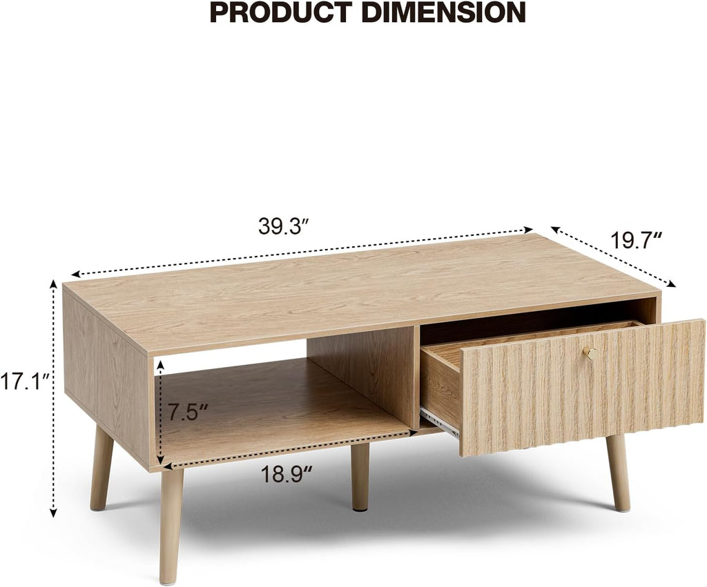 LCRBOL Coffee Table with Fluted Drawer, Modern, Oak