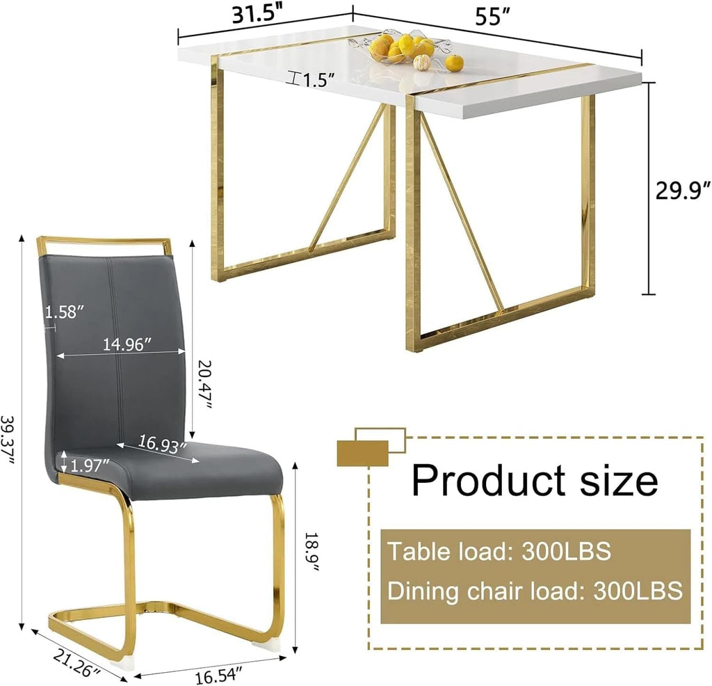 Modern Dining Table Set for 4, 55'' Dining Room Table Set with 4 Faux Leather Chairs, White Wood Tabletop with Gold Metal Legs, Suitable for Small Space
