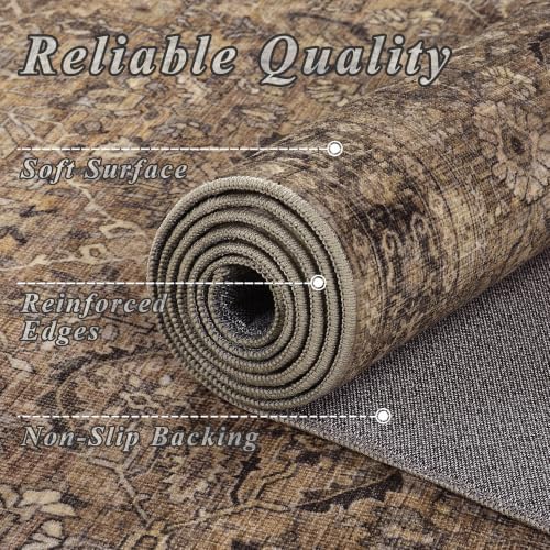 Schweek 10x14 Washable Area Rug Brown Neutral Vintage Distressed Large Rugs